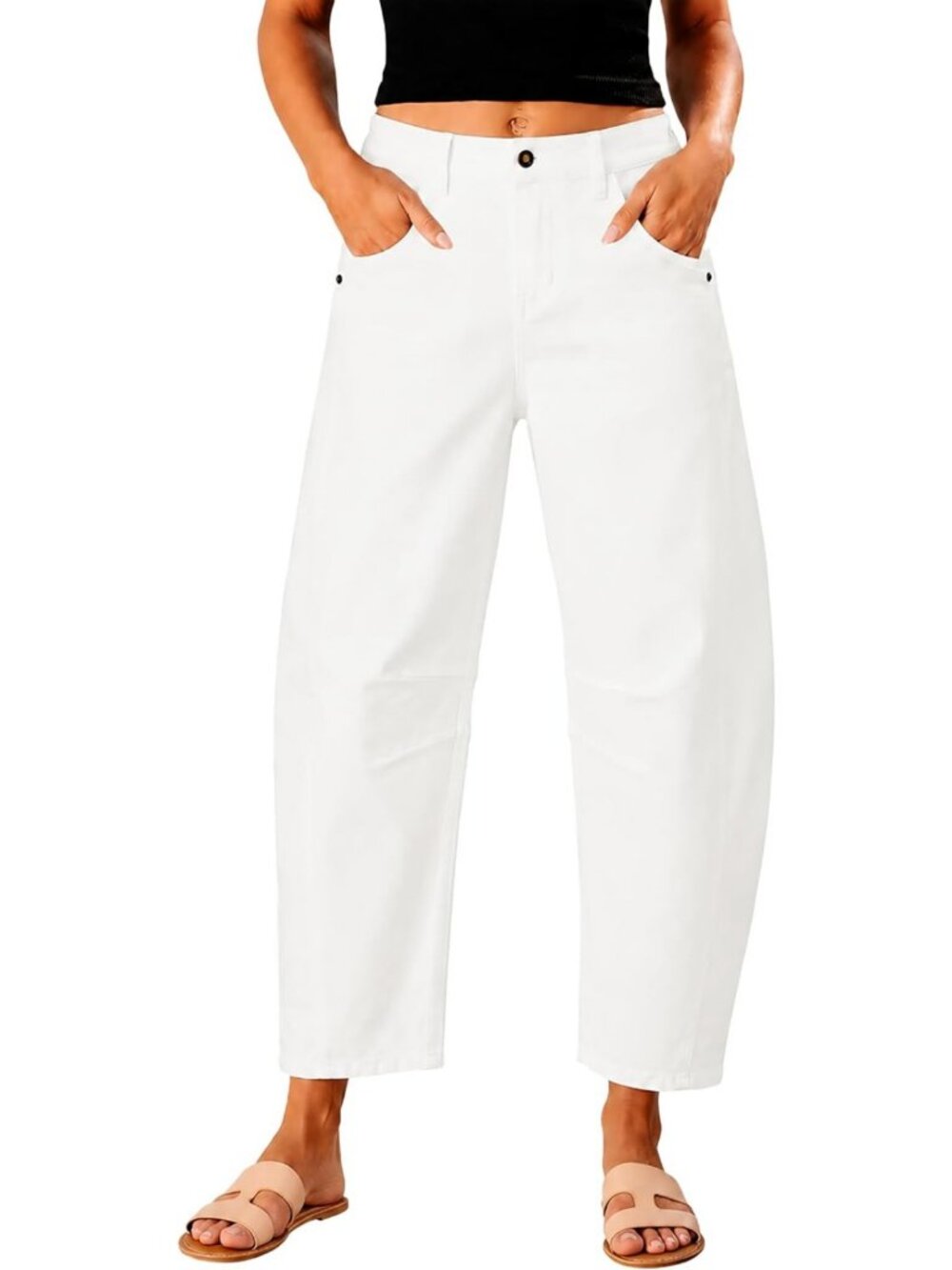 High Waisted Stretch Barrel Leg Jeans - Cropped Ankle Pants for Women
